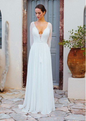 Long Sleeve Ivory Lace Chiffon Tie Back Wedding Dress